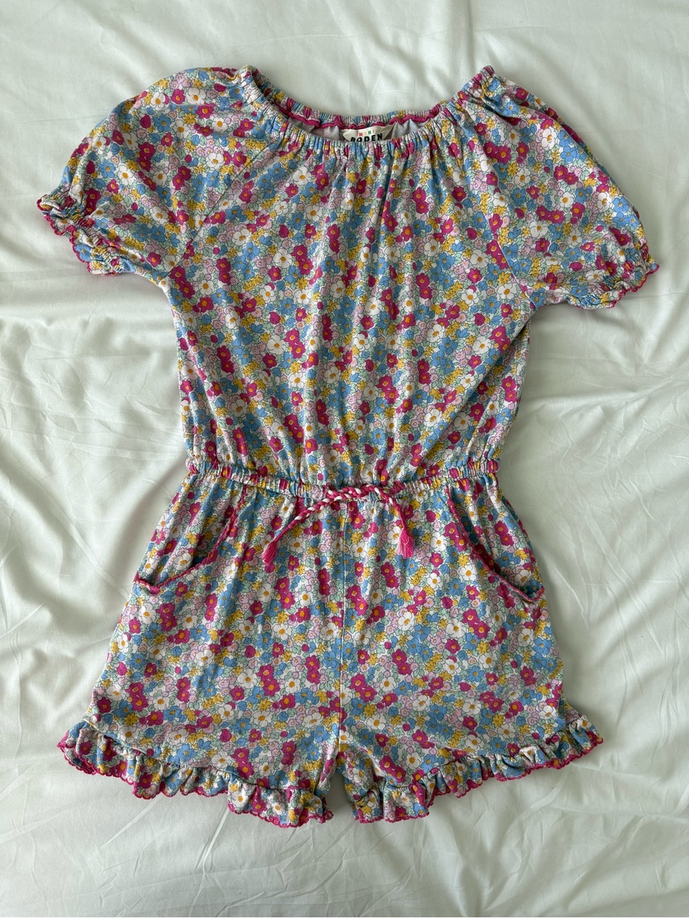 Mini Boden Floral Short Sleeve Romper 9-10 Ruffles Tie Waist Summer